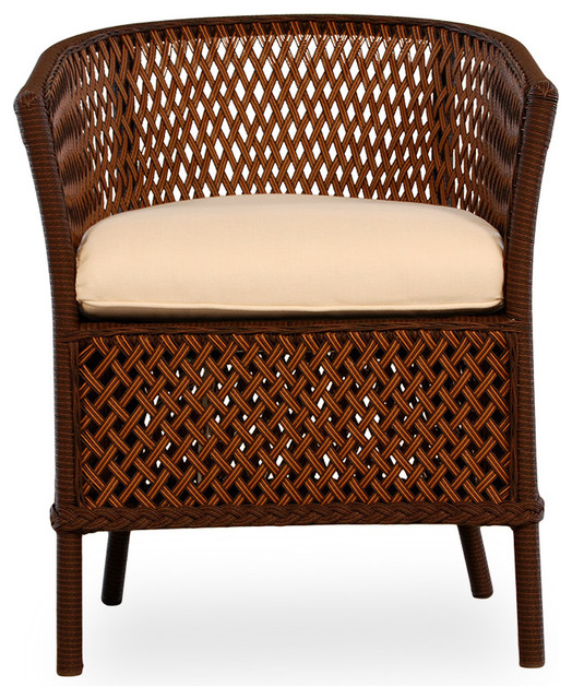 Grand Traverse Barrel Dining Chair, Carmel With Classic Linen Spice Fabric