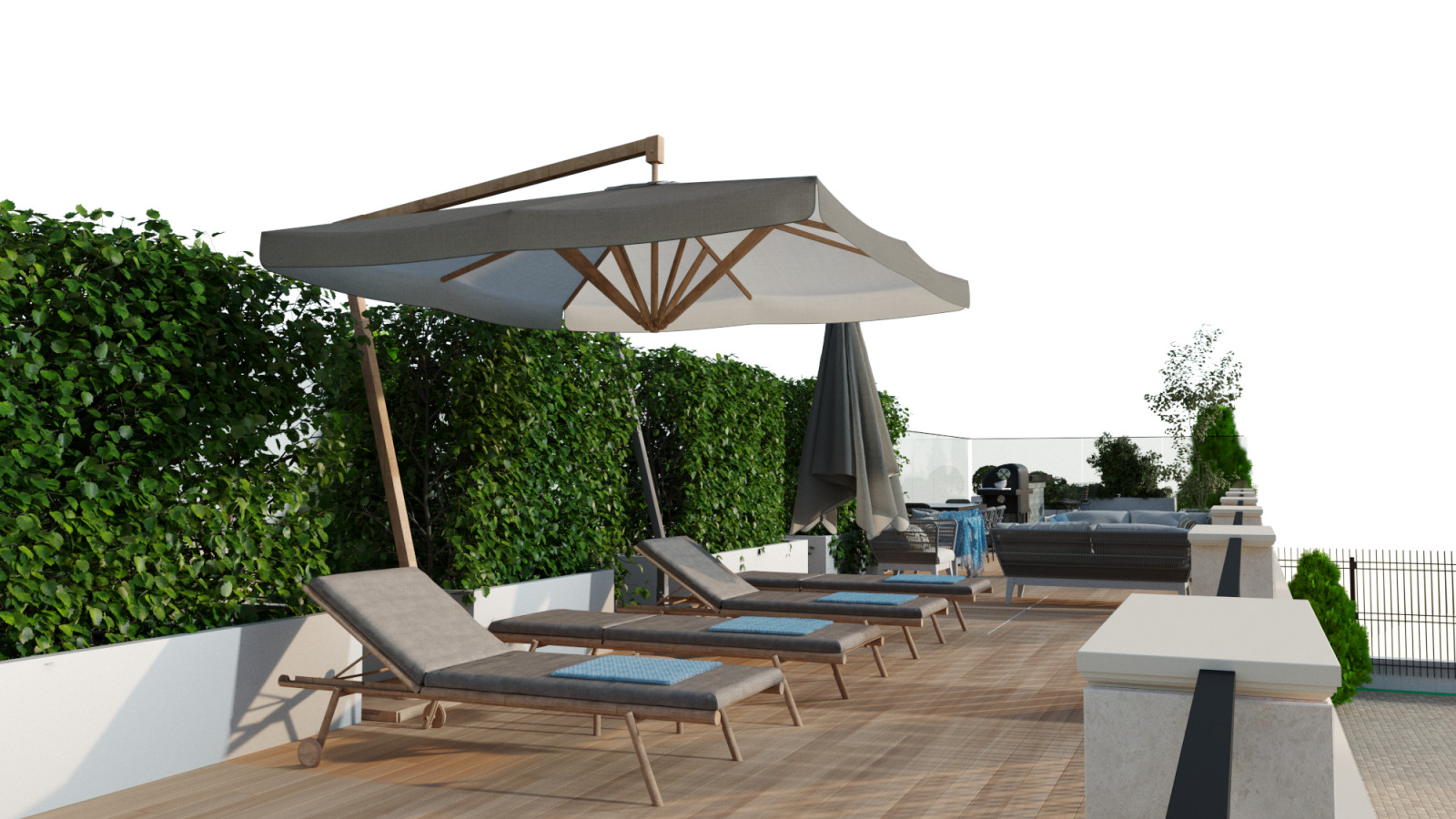 Ландшафтный проект участка с зоной барбекю и банным комплексом..