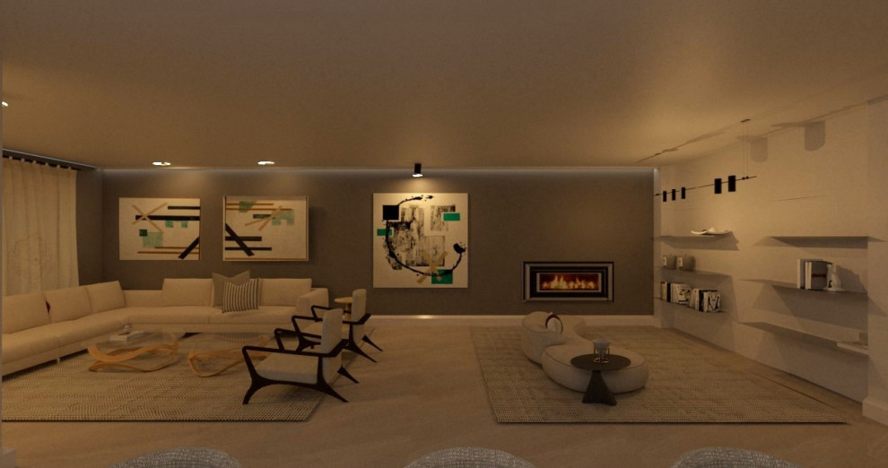 Идея дизайна: большая открытая гостиная комната с белыми стенами, мраморным полом, стандартным камином, фасадом камина из металла и бежевым полом