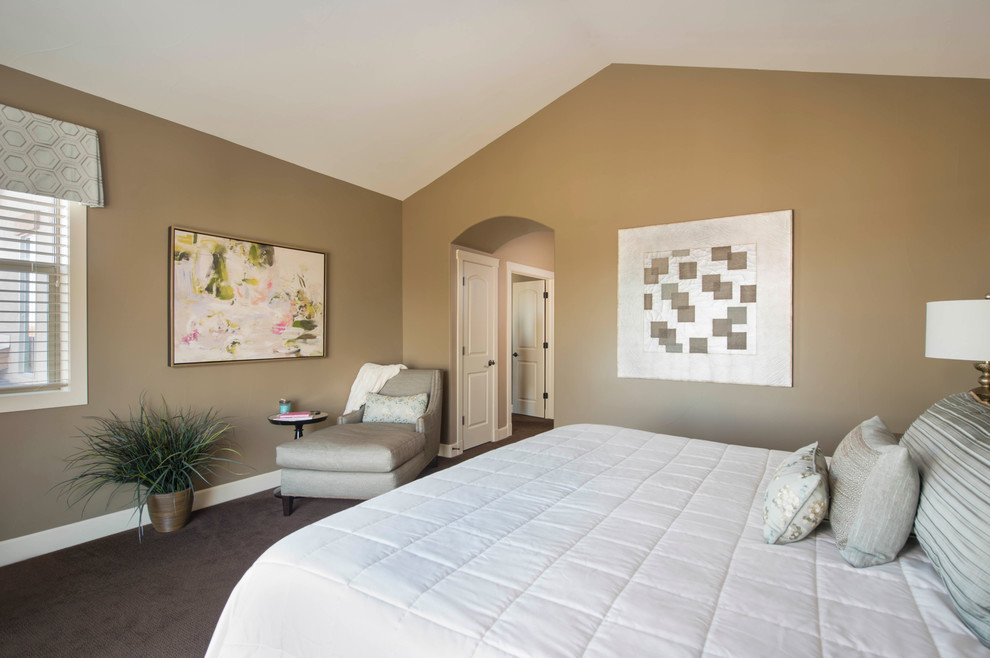 Inspiration for a mid-sized transitional master bedroom in Denver with beige walls, carpet and no fireplace.