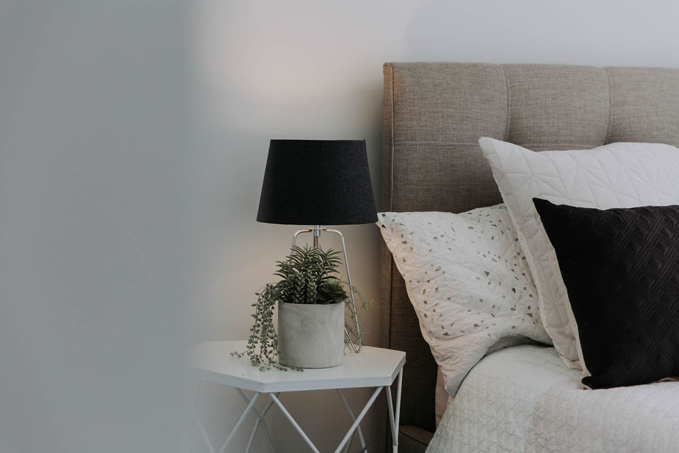 This is an example of a mid-sized contemporary master bedroom in Other with grey walls and carpet.