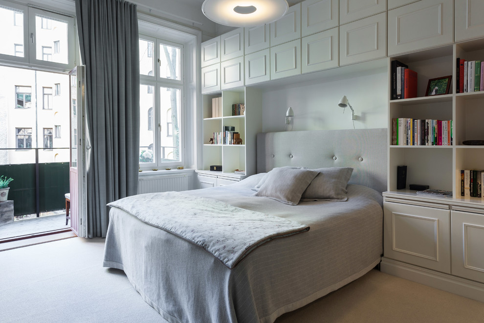 Design ideas for a large traditional master bedroom in Stockholm with grey walls, carpet and no fireplace.