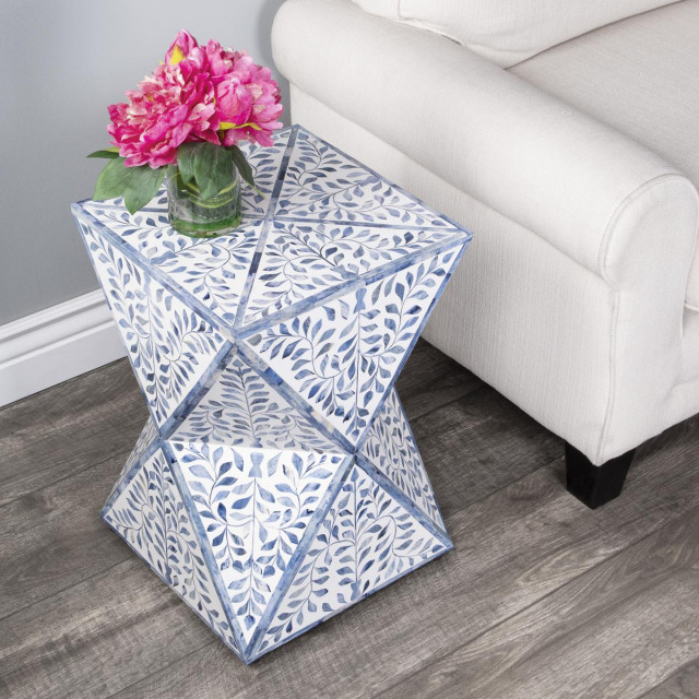 Bone Inlay End or Side Table, Blue and White Bone Mediterranean