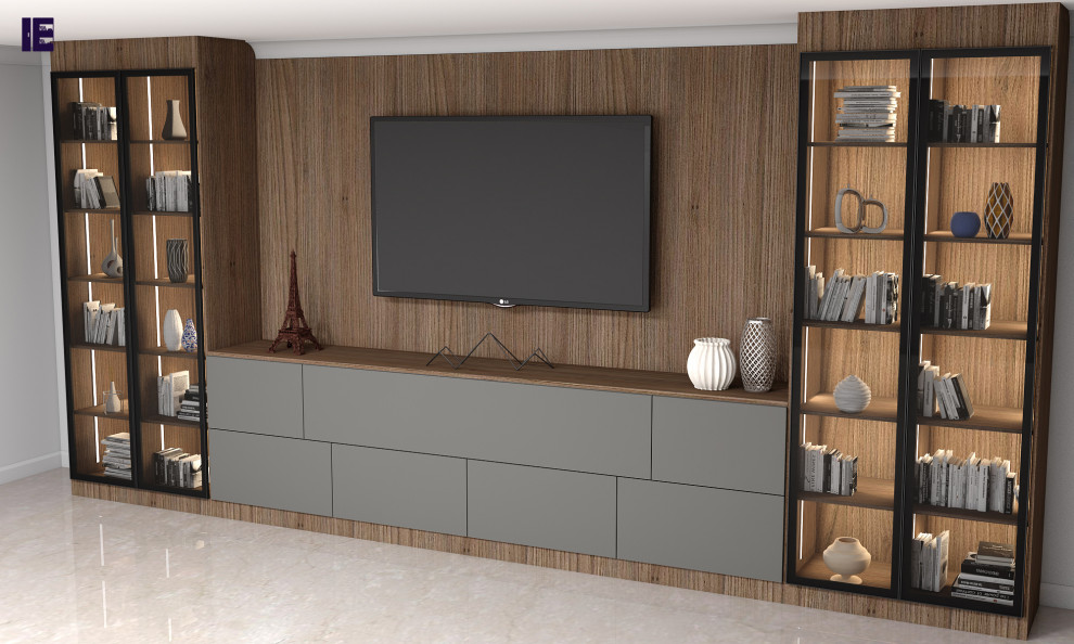 Design ideas for a small modern open concept home theatre in London with white walls, plywood floors, a built-in media wall and brown floor.