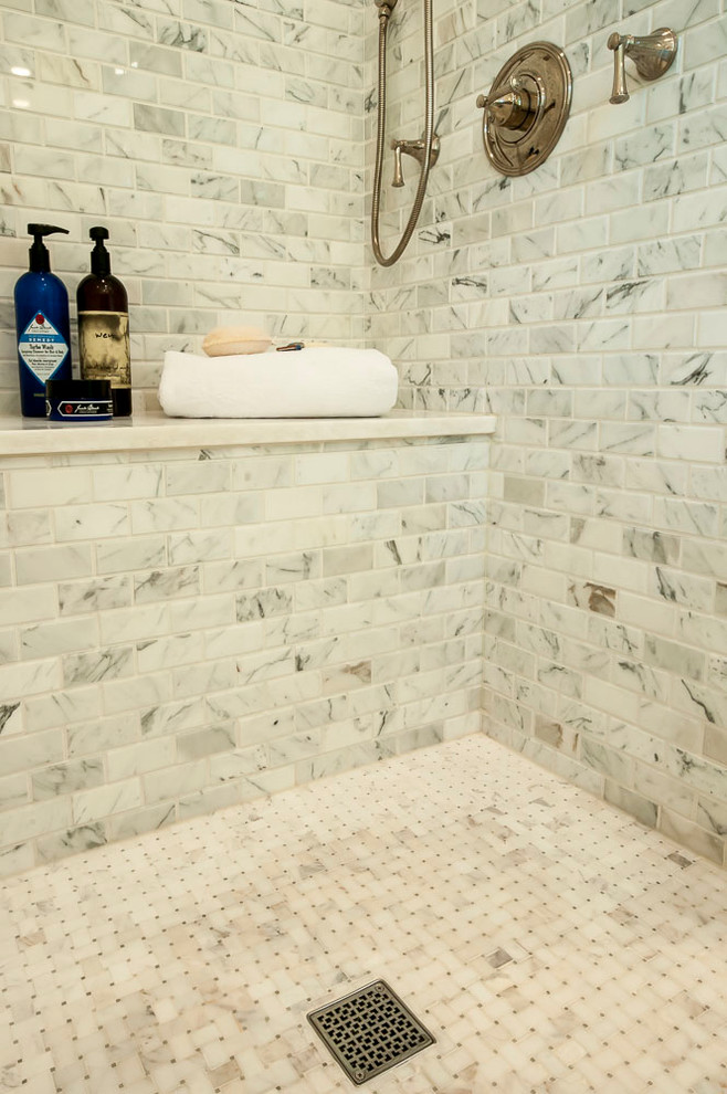 Large elegant master gray tile and stone tile porcelain tile bathroom photo in St Louis with beaded inset cabinets, white cabinets, a two-piece toilet, white walls, an undermount sink and quartz countertops