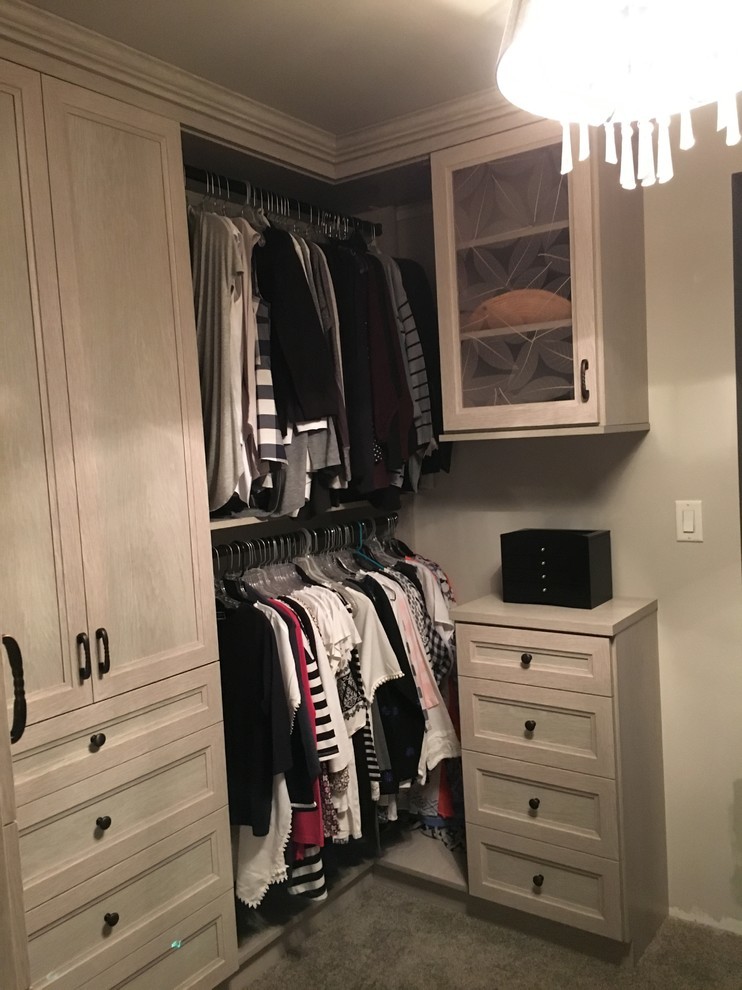 Photo of a mid-sized contemporary women's walk-in wardrobe in Minneapolis with recessed-panel cabinets, light wood cabinets and carpet.