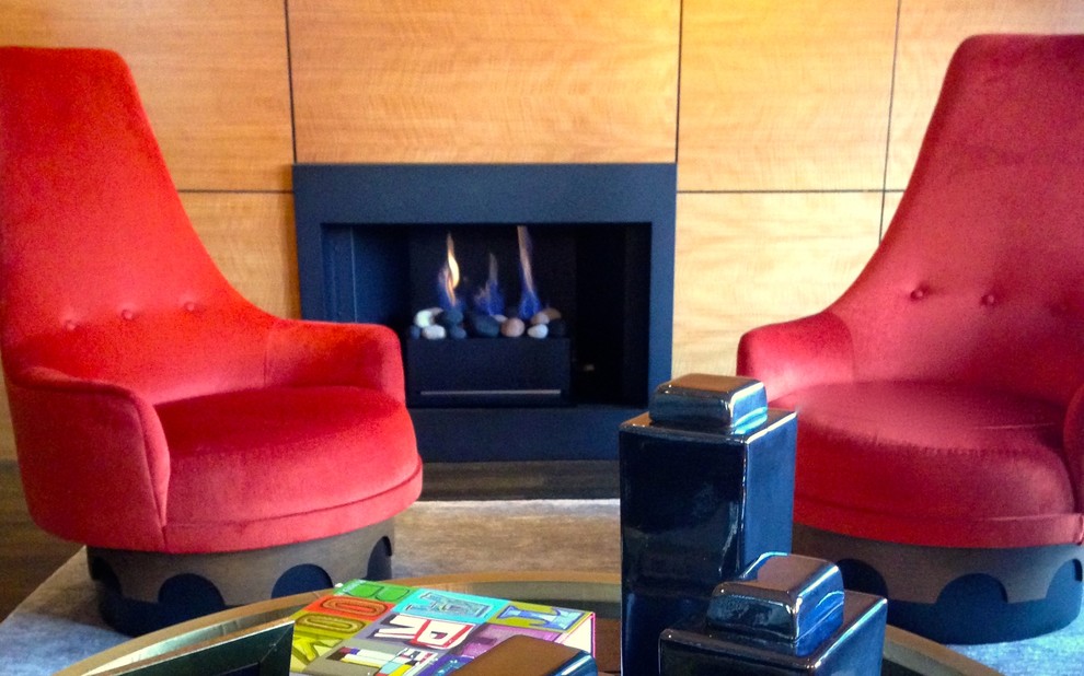 Mid-sized trendy open concept dark wood floor living room photo in Boston with a metal fireplace and a concealed tv