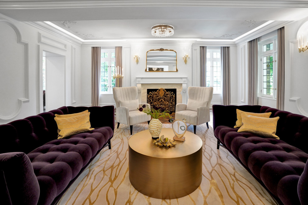 Formal Living Room with Marble Fireplace & Velvet Sofas – Historic Renovation in