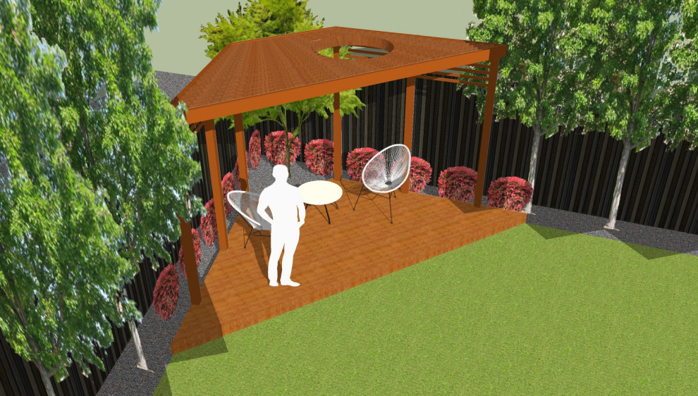 Idée de décoration pour un jardin arrière asiatique de taille moyenne avec une exposition ensoleillée et une terrasse en bois.