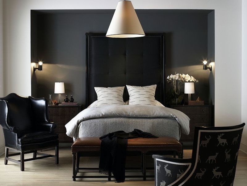Design ideas for a large transitional master bedroom in Atlanta with grey walls and light hardwood floors.