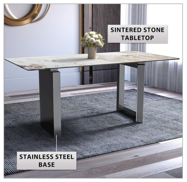 Dining Table Stainless Steel Base, With 62 White Grey Sintered Stone ...