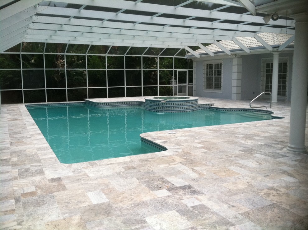 Travertine Pavers Pool Deck with Silver Tumbled French Pattern