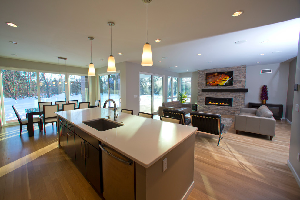 Inspiration for a mid-sized contemporary formal and open concept light wood floor living room remodel in Milwaukee with gray walls, a ribbon fireplace, a stone fireplace and a wall-mounted tv