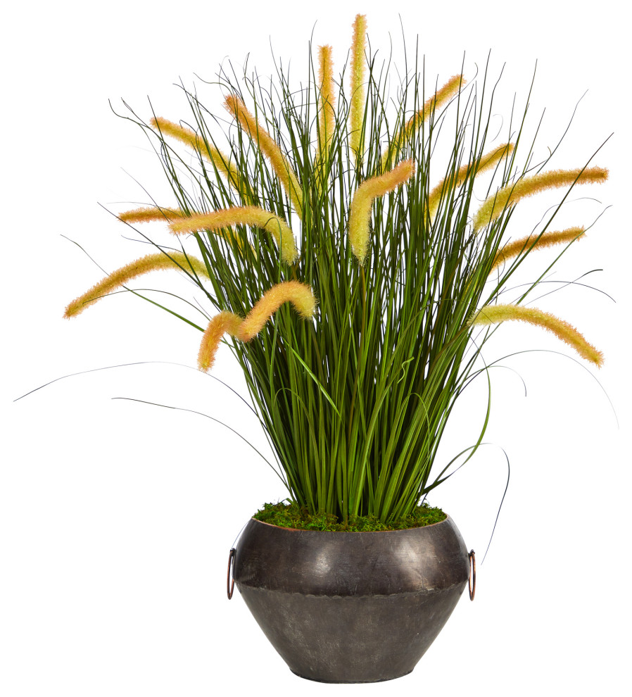 27" Onion Grass Artificial Plant, Metal Bowl Modern Artificial