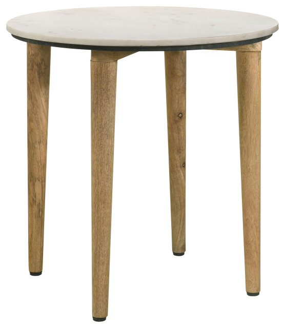Aldis Round Marble Top End Table White and Natural Midcentury Side