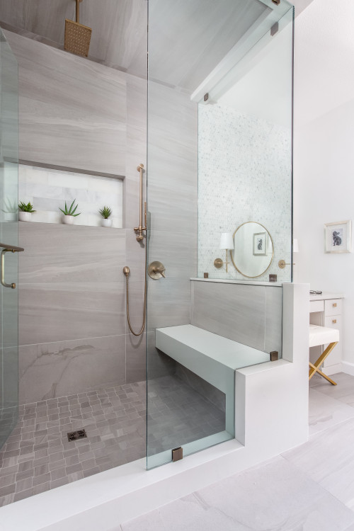 Airy Contemporary Spaces: A Bench in the Tile Shower Niche Design