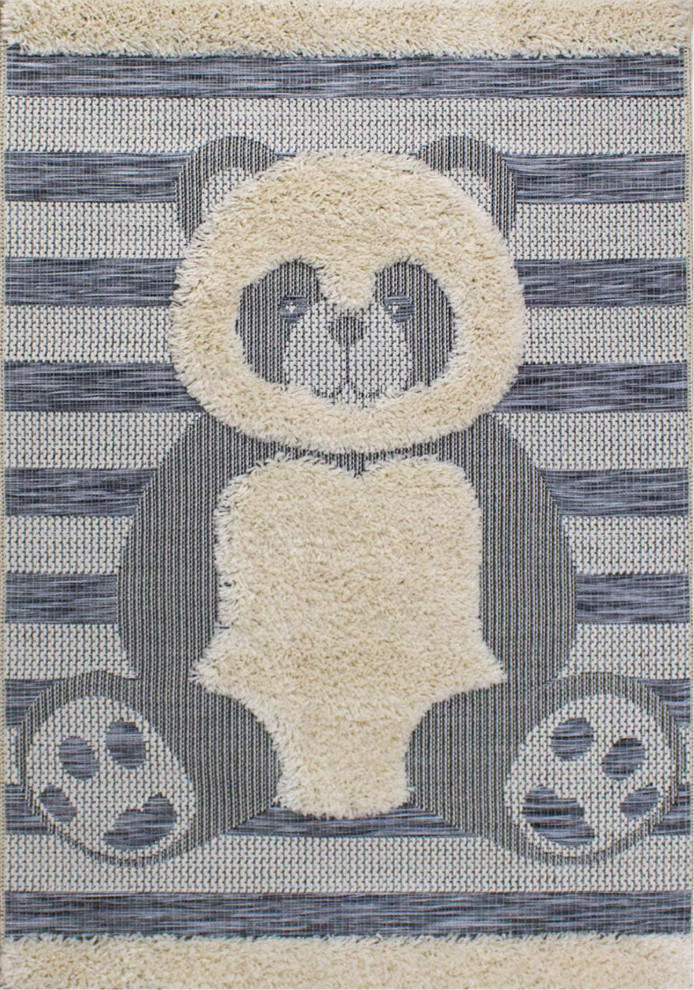 Kids Collection -Cream Blue Panda Rug, 3'11" x 5'7"