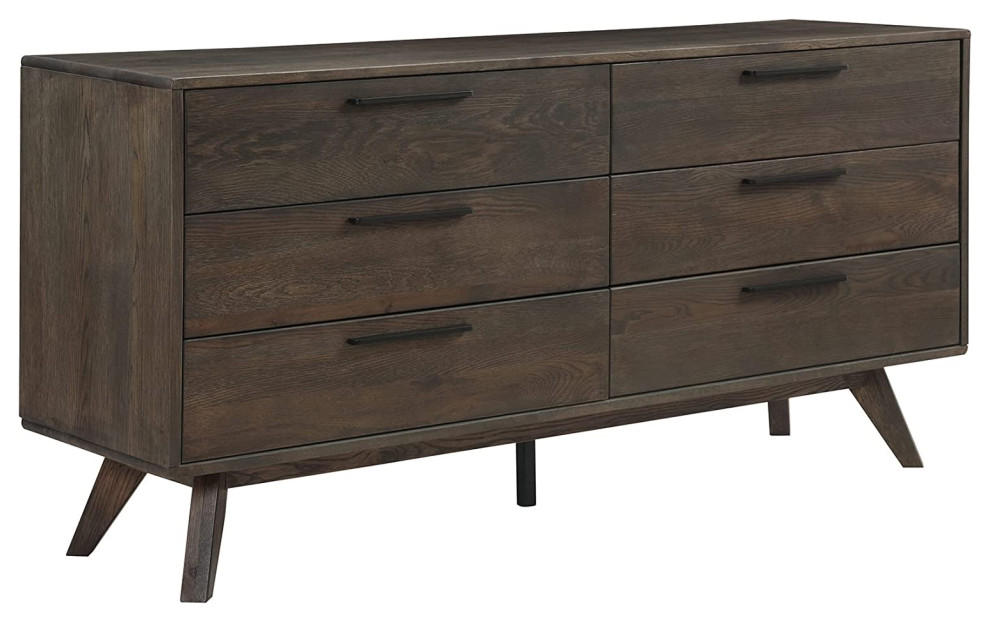 Mid Century Modern Double Dresser, Splayed Legs and 6 Drawers, Dark