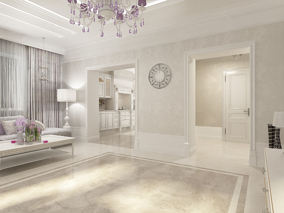Кухня и гостиная в светлых тонах с сиреневыми акцентами