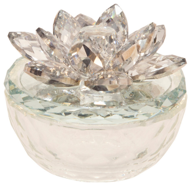 Glass Trinket Box Clear With Silver Lotus Top Asian Jewelry Boxes