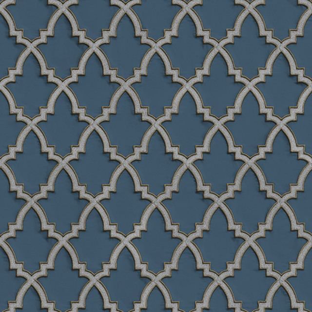 Geometric Textured Wallpaper, Trellis Pattern, Blue Gold Silver, 1 Roll
