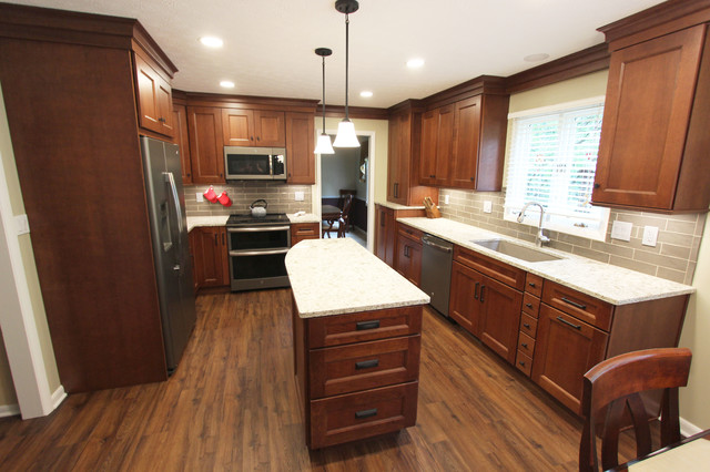 Transitional Cherry Kitchen With Beige And White Quartz Countertop
