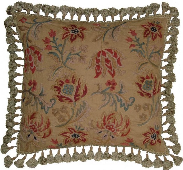Hand-Embroidered Throw Pillow 21"x21" Folk Art Flowers Leaves