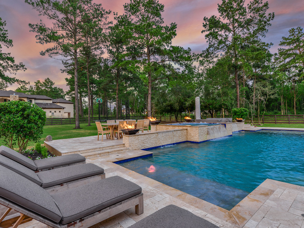 Hot tub - large transitional backyard stone and rectangular natural hot tub idea in Houston