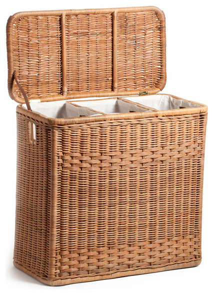 High-Quality 3-Compartment Wicker Hamper, Toasted Oat