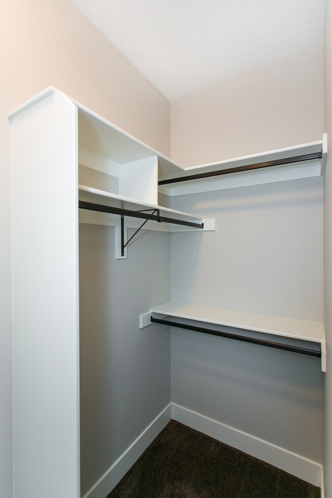 Photo of a mid-sized transitional gender-neutral walk-in wardrobe in Seattle with open cabinets, white cabinets, carpet and brown floor.