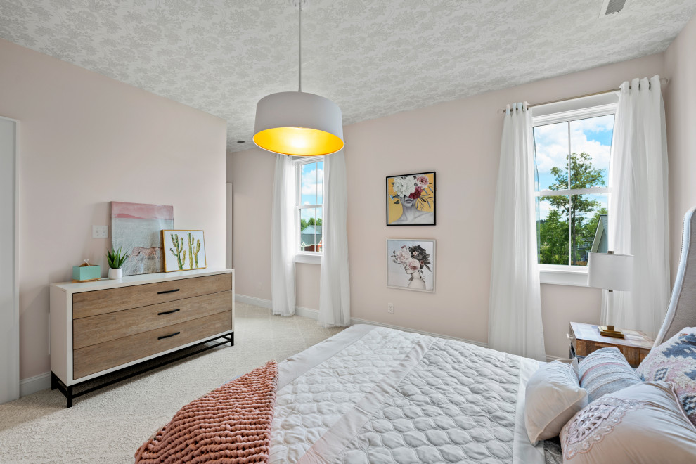 The Cardinal - Bedroom - mid-sized contemporary guest light wood floor, beige floor and wallpaper ceiling bedroom idea in Richmond with pink walls and no fireplace