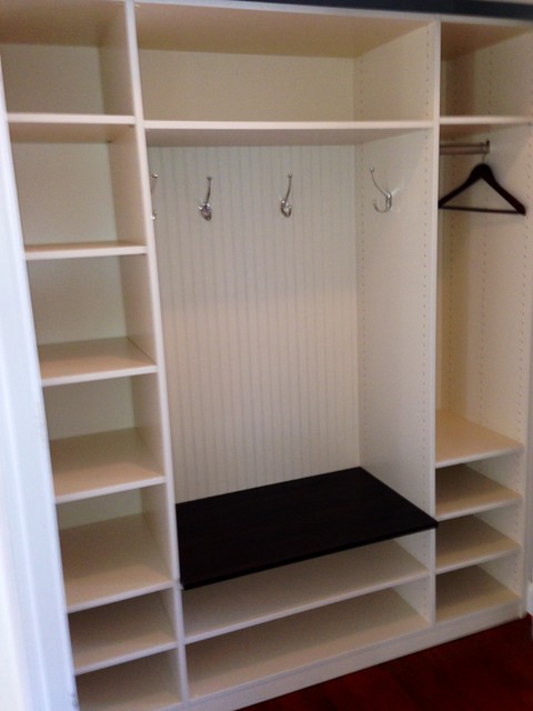 Antique White Mudroom Built Inside Reach In Coat Closet Country