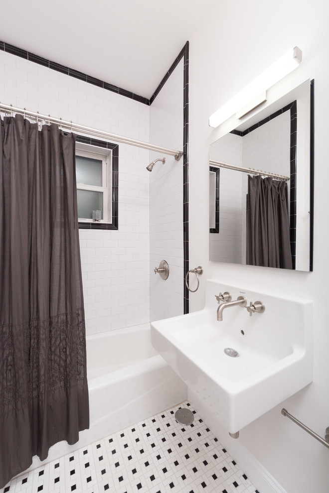 Small traditional master bathroom in Chicago with shaker cabinets, brown cabinets, an alcove tub, a shower/bathtub combo, a two-piece toilet, white tile, subway tile, grey walls, mosaic tile floors and a wall-mount sink.