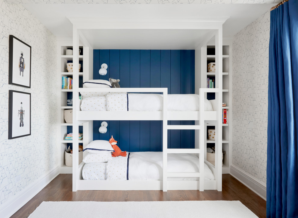 Inspiration for a traditional children’s room for boys in New York with multi-coloured walls, medium hardwood flooring, brown floors, a wallpapered ceiling and wallpapered walls.
