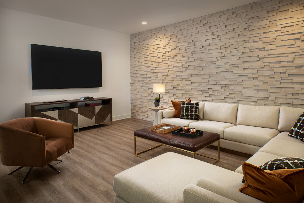 Ispirazione per un grande soggiorno minimal chiuso con sala giochi, pareti bianche, pavimento in legno massello medio, parete attrezzata e soffitto ribassato
