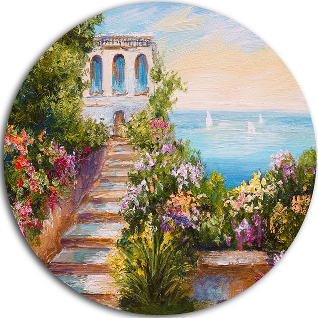 House near the Sea, Landscape Round Metal Wall Art Beach Style Metal Wall Art by DesignArt