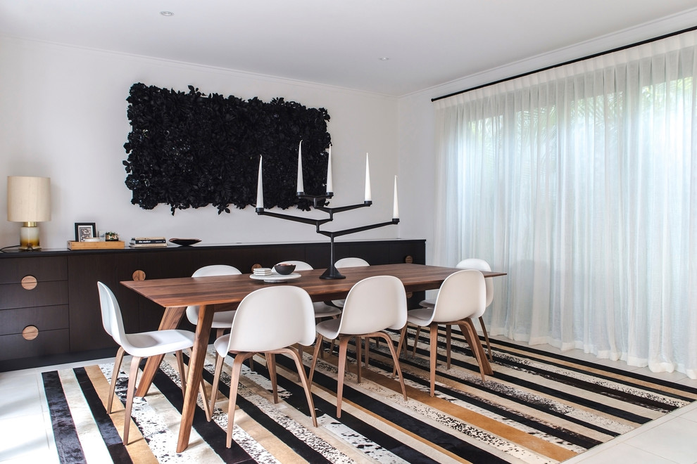 Mid-sized contemporary kitchen/dining combo in Perth with white walls, porcelain floors and no fireplace.