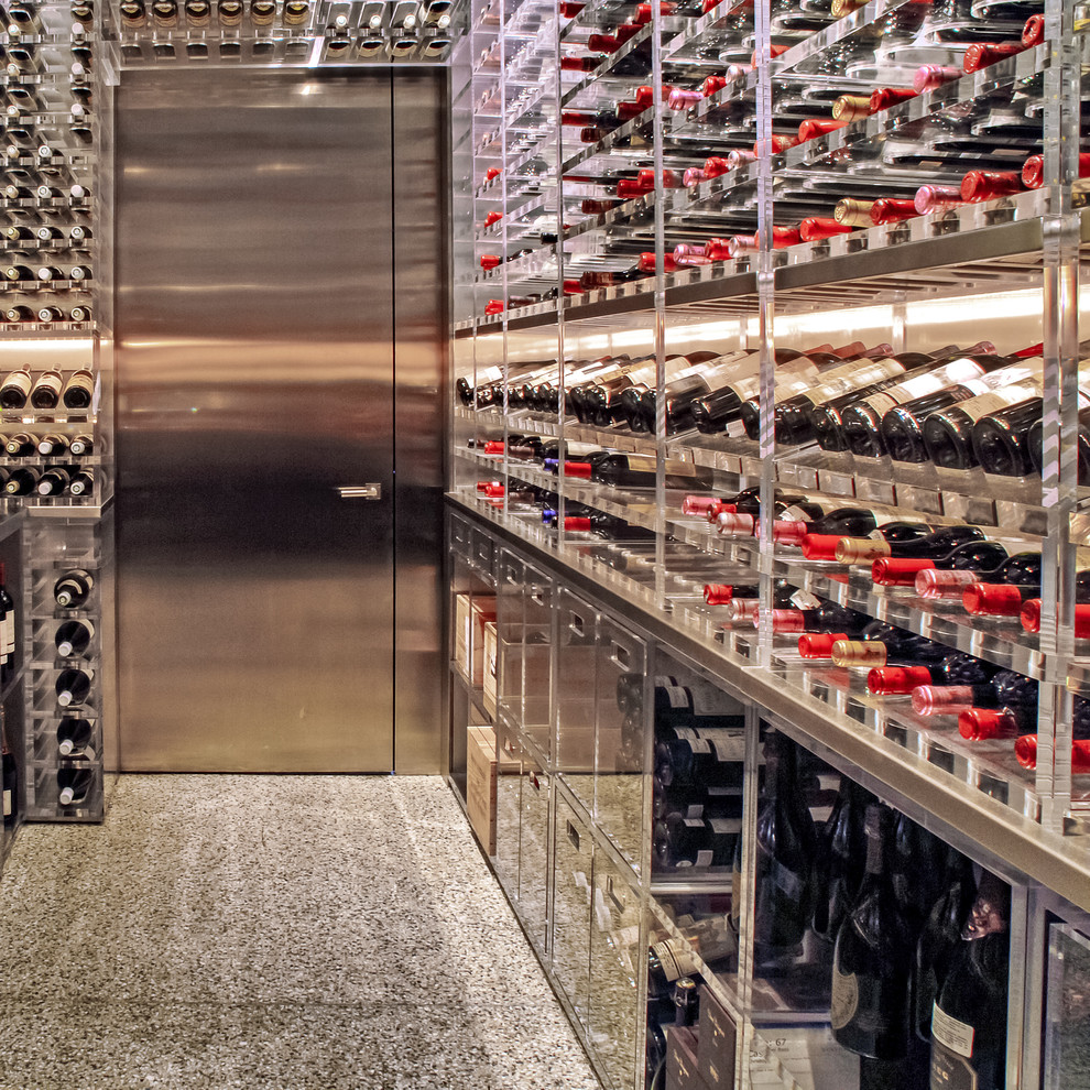 Large modern wine cellar in San Francisco with linoleum floors, storage racks and white floor.