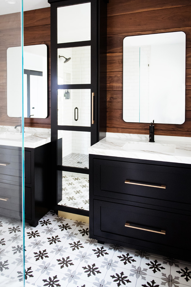 Inspiration for a mid-sized midcentury master bathroom in San Diego with beaded inset cabinets, black cabinets, an alcove shower, white tile, subway tile, white walls, cement tiles, an undermount sink, marble benchtops, multi-coloured floor, a hinged shower door and white benchtops.