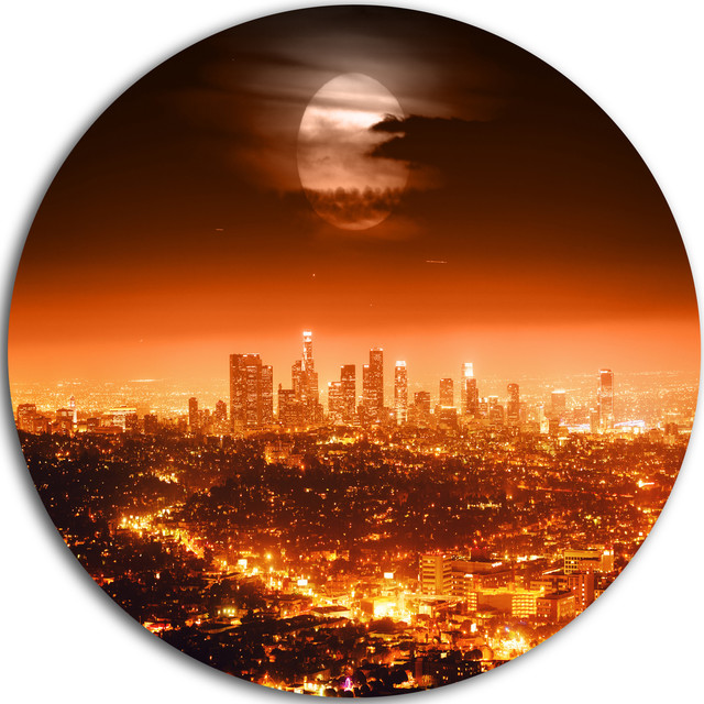 Dramatic Full Moon Over Los Angeles, Cityscape Disc Metal Wall Art