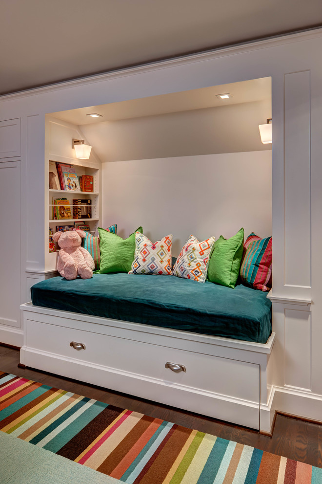 Traditional kids' bedroom in Houston with grey walls, dark hardwood floors and brown floor for girls.