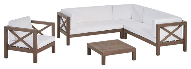 Morgan Outdoor 6 Seater Acacia Wood Sectional Sofa and Club Chair Set, White