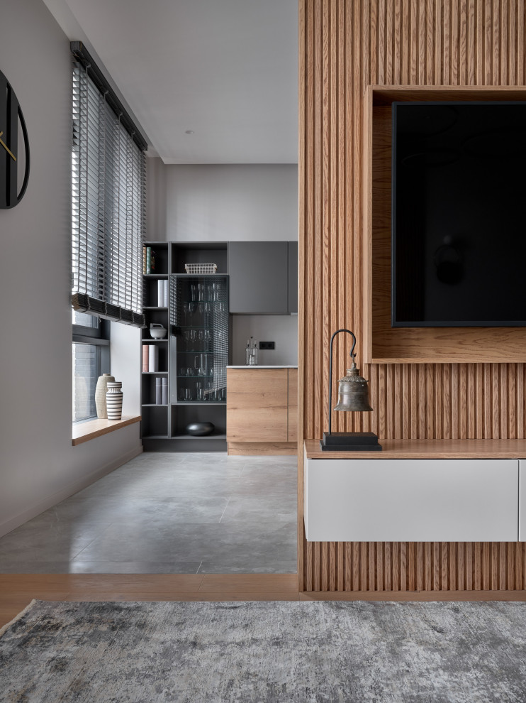 Монохром с деревянными акцентами в двухкомнатной квартире 60 м2