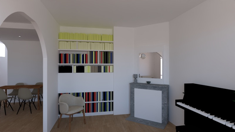 VUE 3D sur la bibliothèque avec bureau rabattable