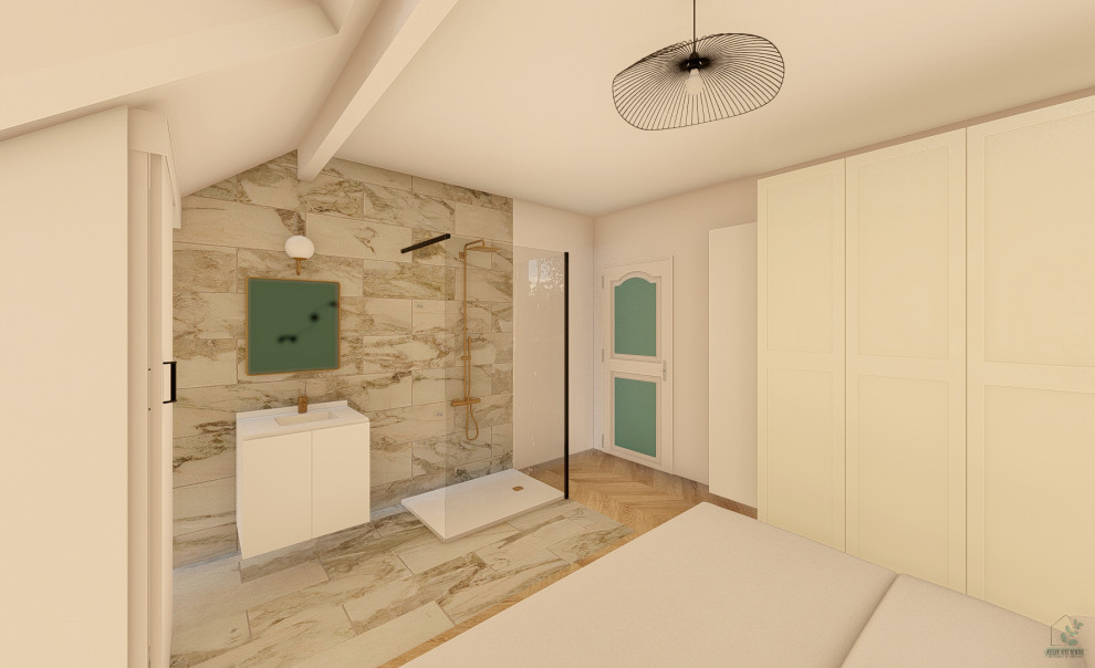 Ejemplo de cuarto de baño actual de tamaño medio con paredes blancas y suelo de baldosas de cerámica