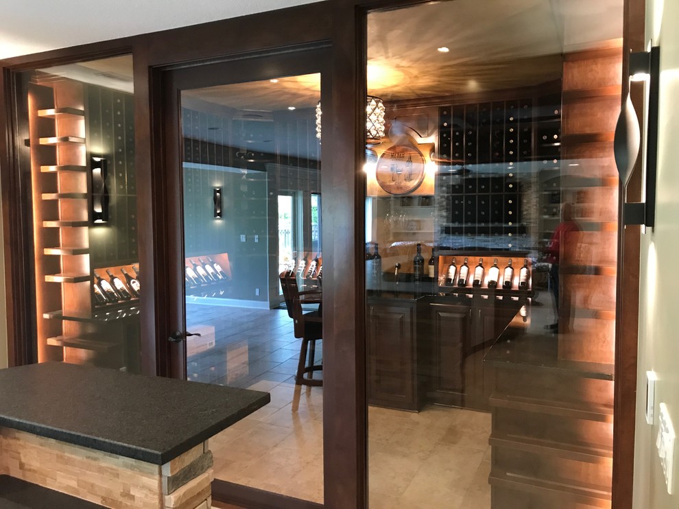 Large transitional walk-out ceramic tile basement photo