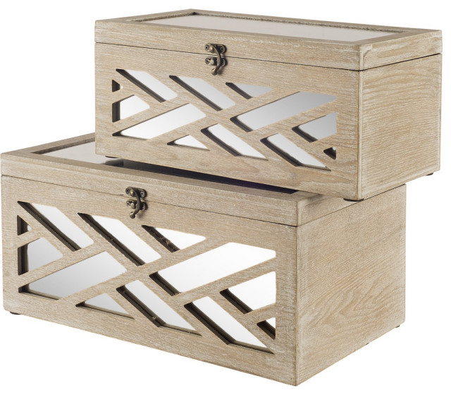 Set of Two Off-White Mirrored Wooden Boxes
