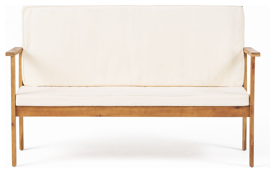 GDF Studio Lucas Outdoor Brown Patina Acacia Wood Bench With Cream Cushion