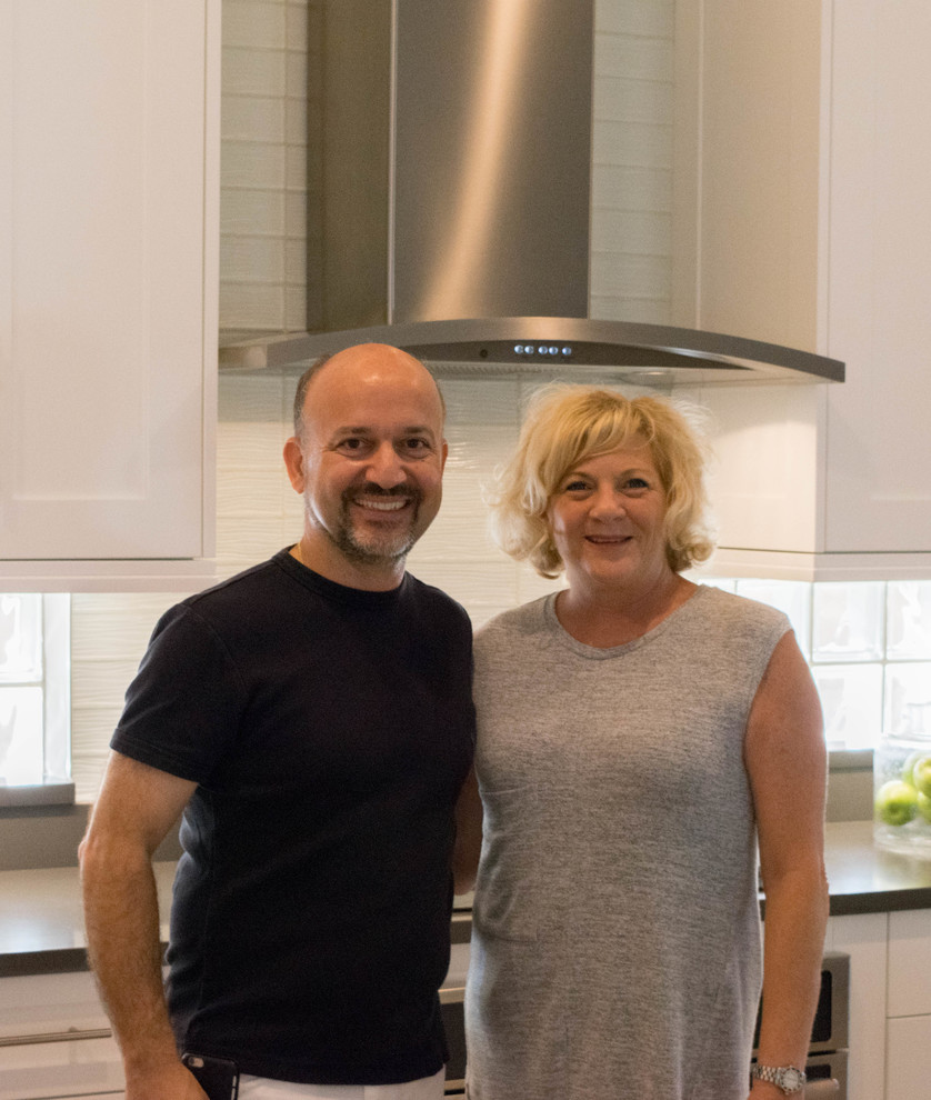 Inspiration for a mid-sized transitional galley open concept kitchen remodel with shaker cabinets and an island