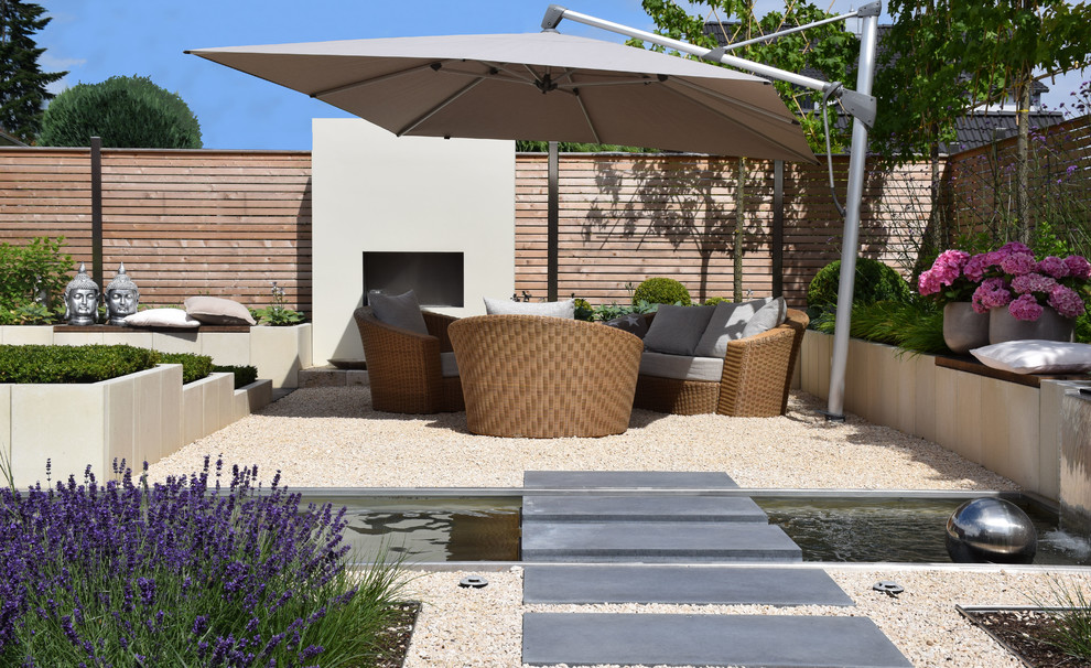 Inspiration for a mid-sized contemporary backyard patio in Other with a water feature and gravel.